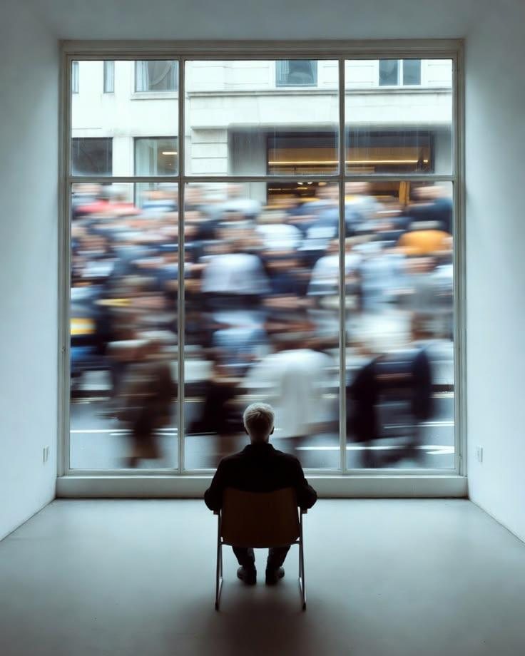 Someone sitting calmly in front of a window while a blurred crowd rushes past outside