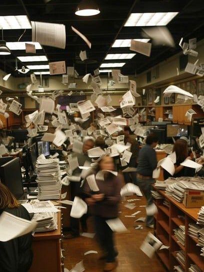 An office full of paper flying through the air over the desks